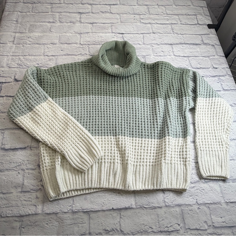 Stitch Fix Pinque Two Tone Green and Cream Turtleneck Chenille Sweater. Size L.